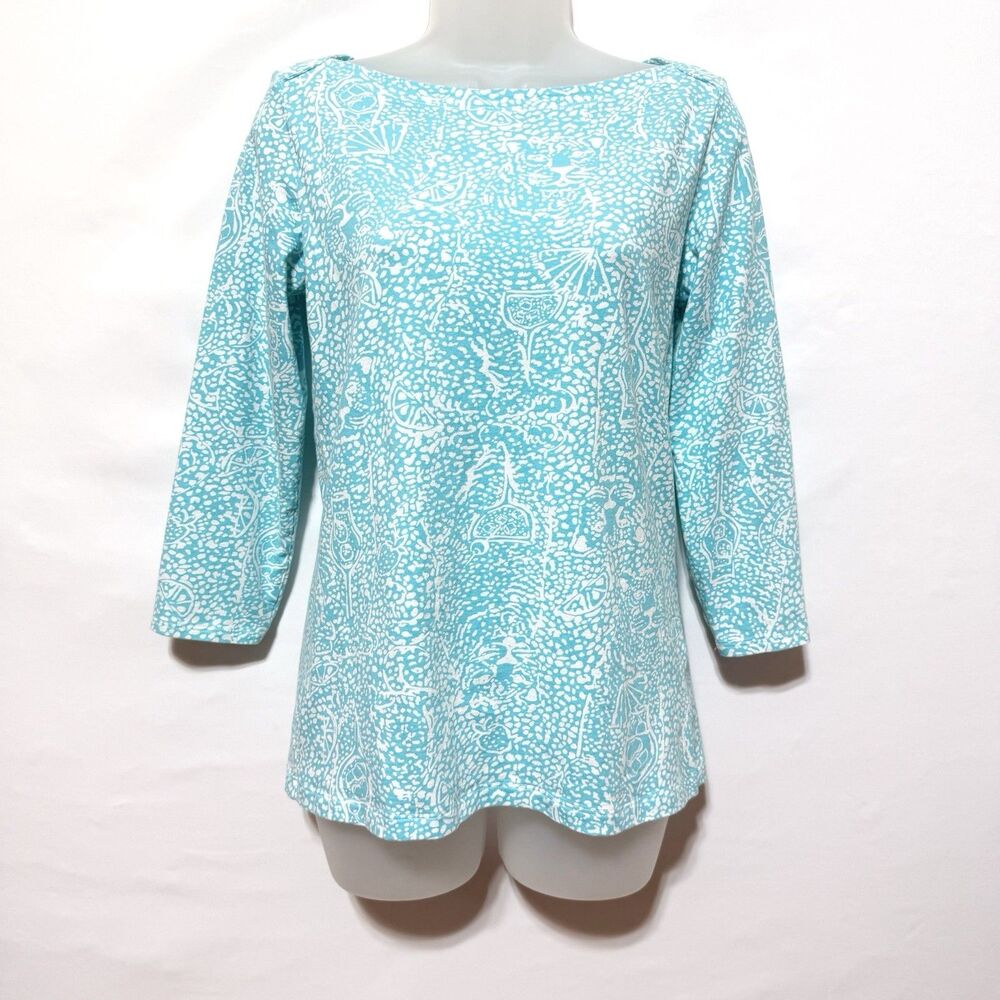 Lilly Pulitzer Medium Aqua White Cocktail Print 3/4 Sleeve Top Boat Neck